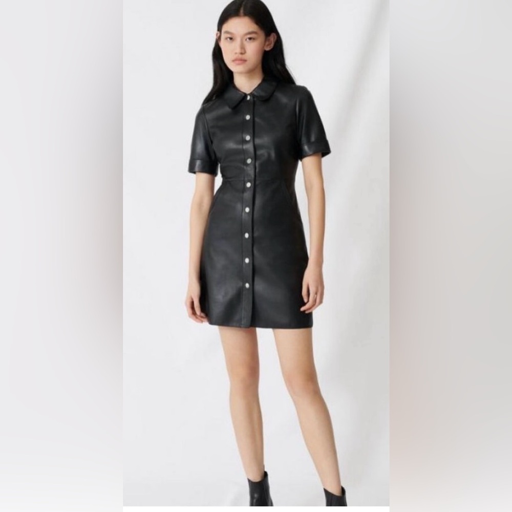 Maje Ripoli lambskin leather mini shirtdress.